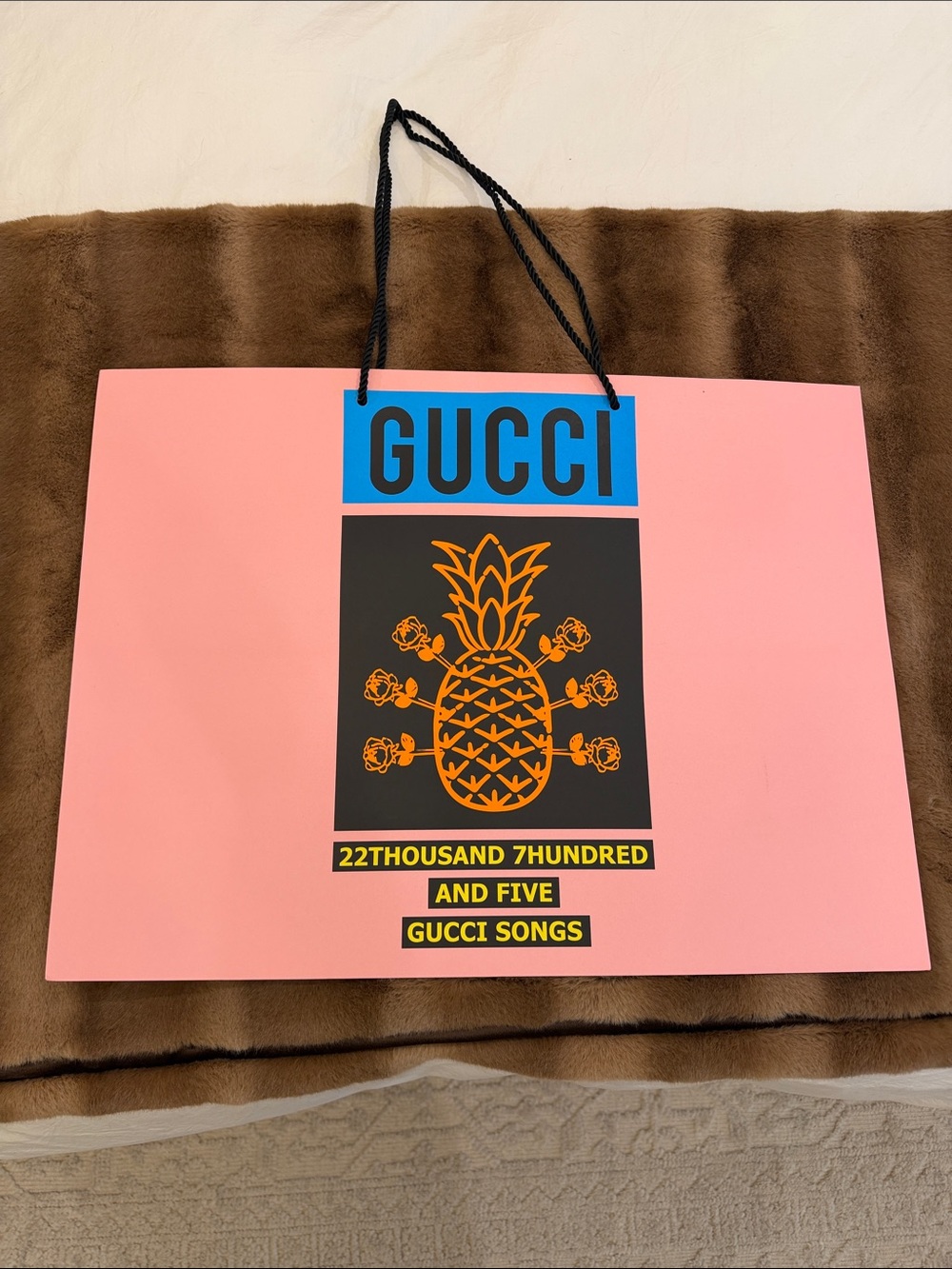Oversized Gucci Pink Shopping Bag with Blue Logo and Orange Pineapple